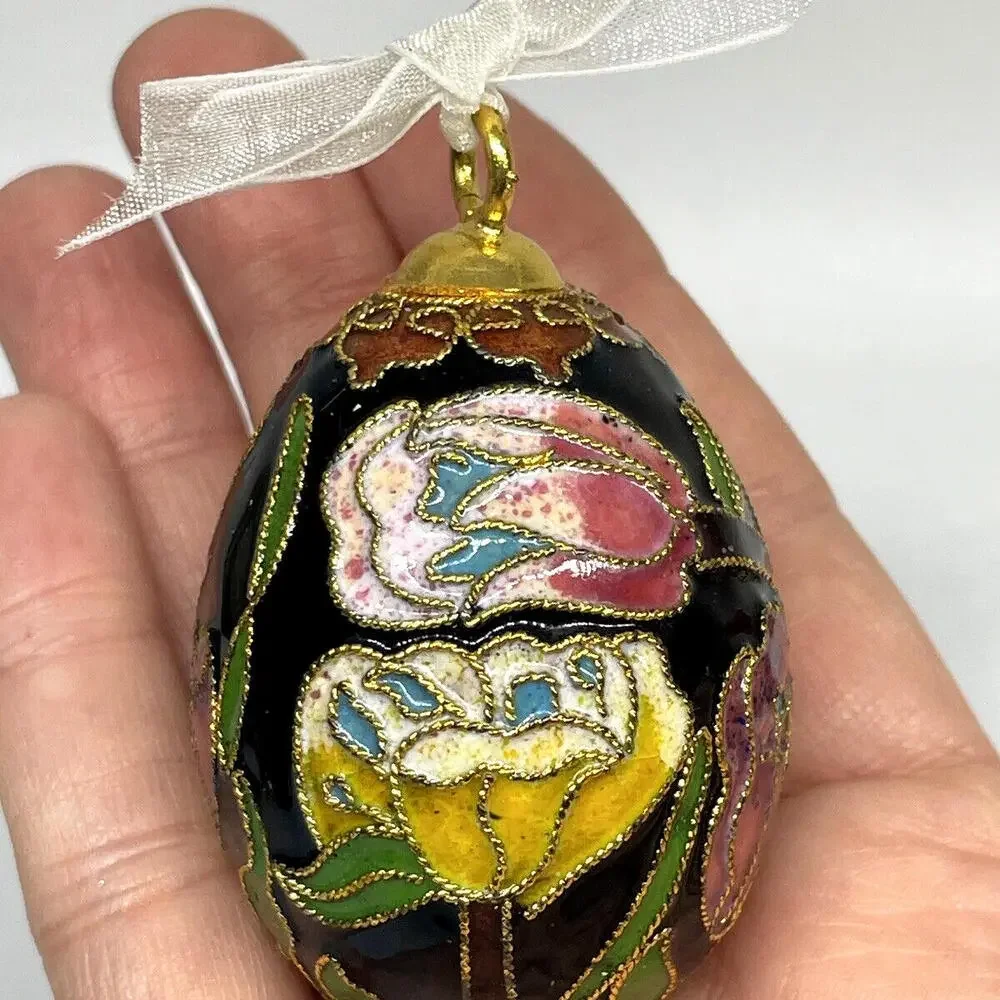 Pink Black Gold Floral Cloisonne‎ EGG Ornament Vintage